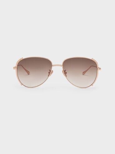 Gem-Embellished Wireframe Aviator Sunglasses, Rose Gold, hi-res