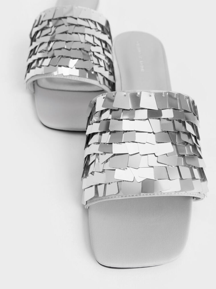 Sequinned Satin Slide Sandals, Silver, hi-res