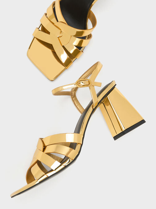Interwoven Metallic Block Heel Sandals, Gold, hi-res