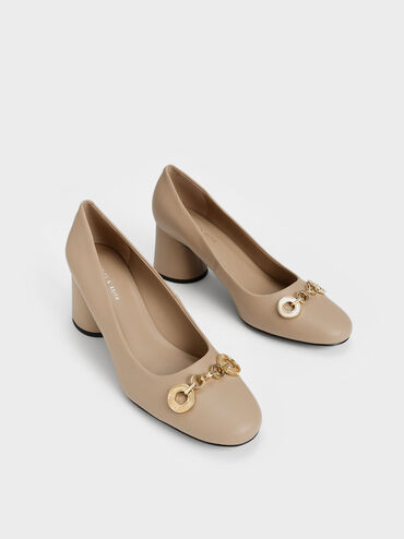 Circle Chain-Link Cylindrical Heel Pumps, Nude, hi-res