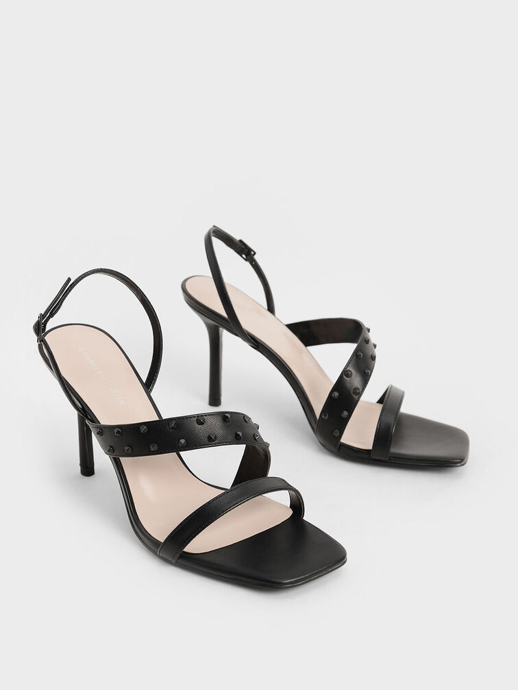 Studded Asymmetric Strap Stiletto Sandals, Black, hi-res