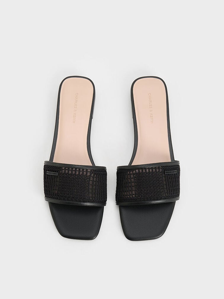 Mesh Knitted Slide Sandals, Black Textured, hi-res
