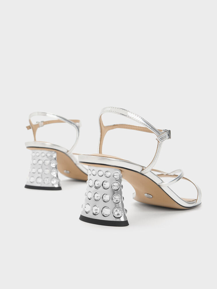 Embellished Heel Metallic Leather Sandals, Silver, hi-res