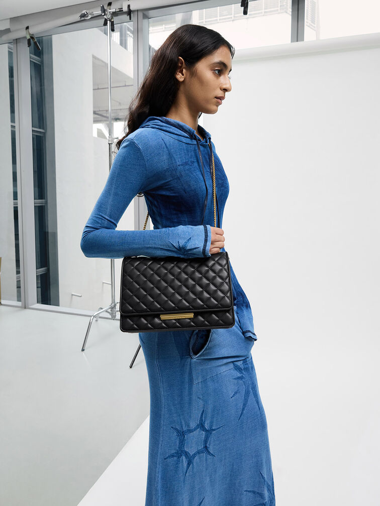 Push-Lock Quilted Crossbody Bag, Black, hi-res