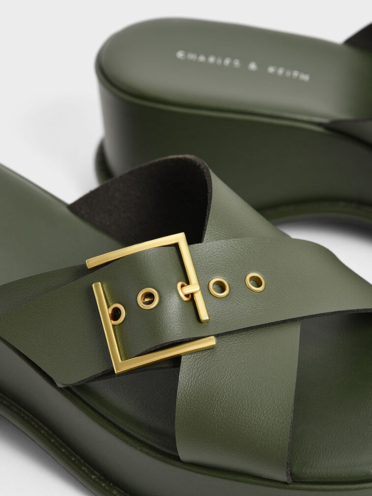 Buckled Crossover Curved Platform Sandals, Olive, hi-res