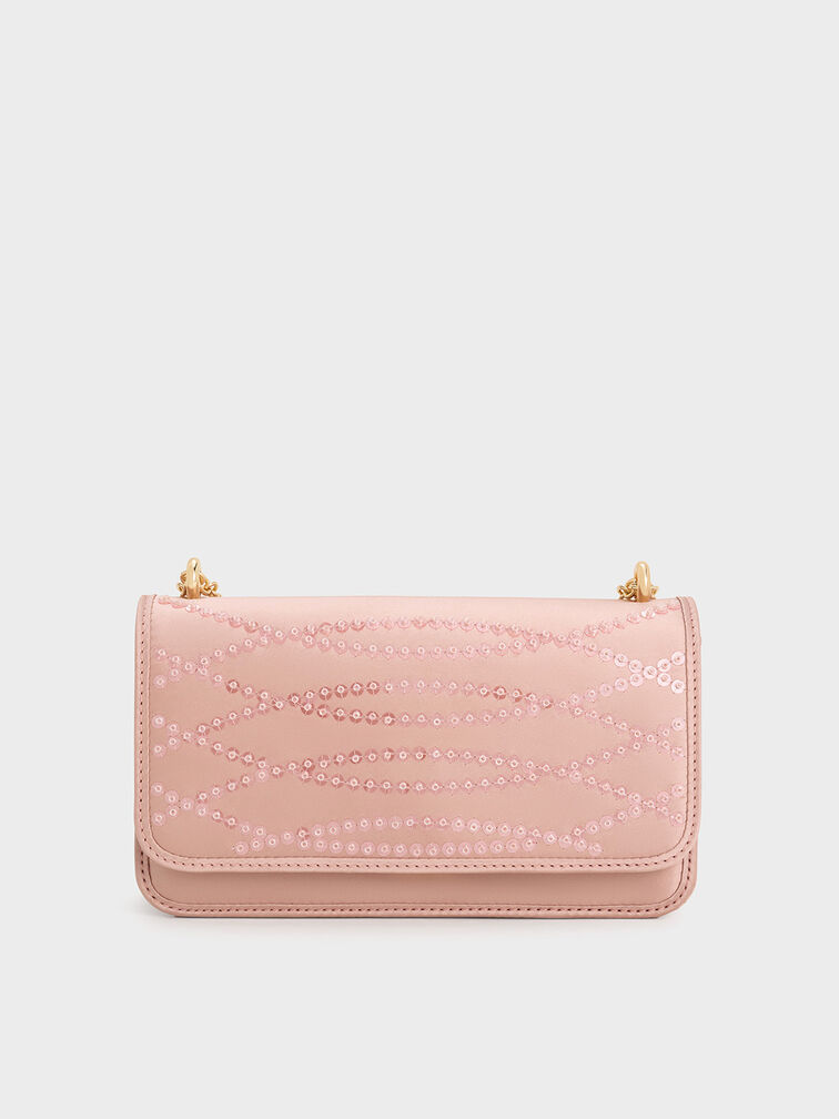 Satin Sequinned Chain-Handle Mini Bag, Ballerina Pink, hi-res