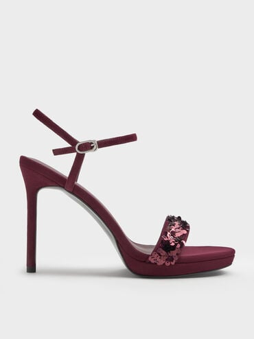 Sequinned Ankle-Strap Stiletto Sandals, Burgundy, hi-res