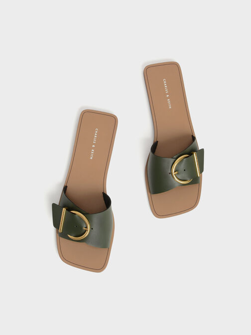 Square Toe Buckled Slides, Olive, hi-res