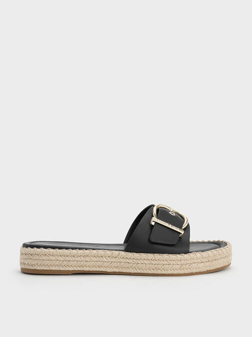 Buckled Espadrille Flat Sandals, Black, hi-res