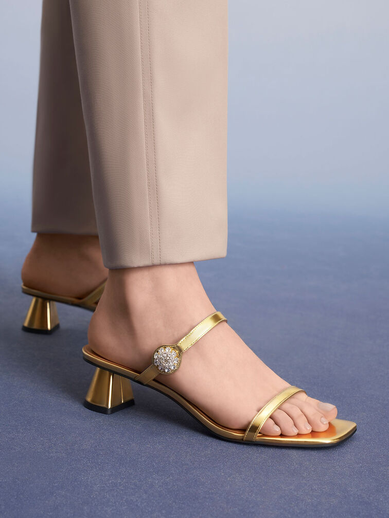 Gem Embellished Metallic Trapeze Heel Mules, Gold, hi-res