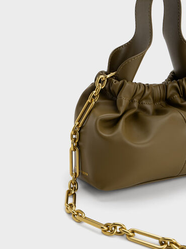 Ally Ruched Slouchy Chain-Handle Bag, Khaki, hi-res