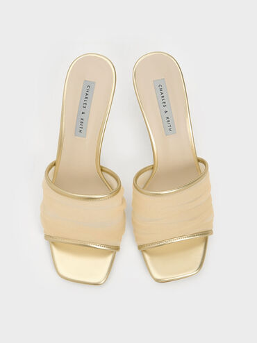 Metallic Chiffon Ruched Heeled Mules, Gold, hi-res