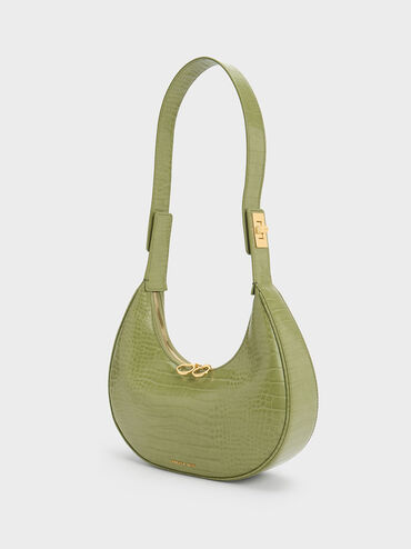 Croc-Embossed Crescent Hobo Bag, Olive, hi-res