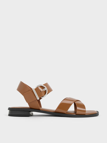 Patent Crossover Strap Sandals, Cognac, hi-res