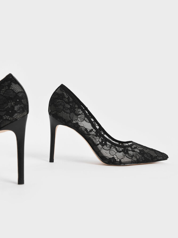 Lace Stiletto Pumps, Black, hi-res