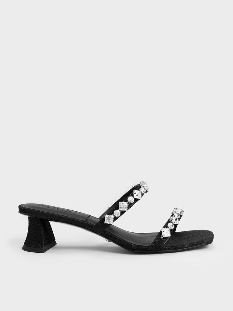 Glittered Gem-Encrusted Sculptural Heel Mules, Black, hi-res