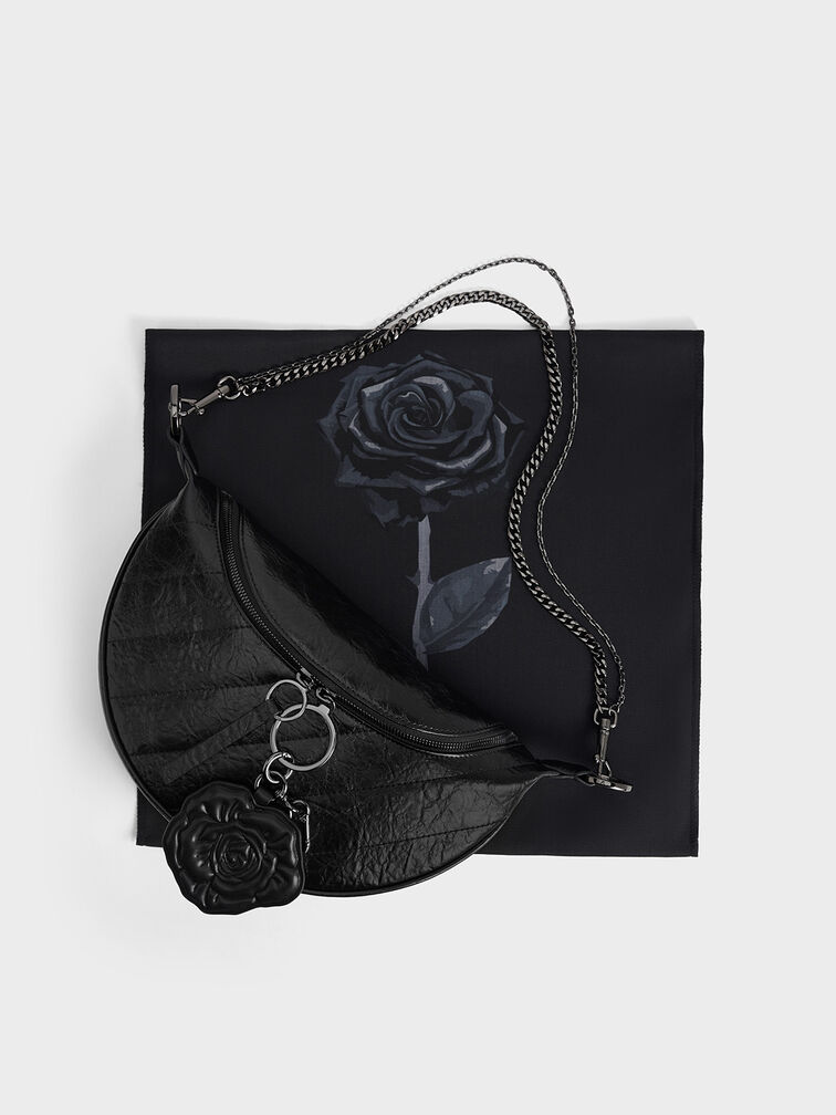 Philomena Rose-Motif Half-Moon Crossbody Bag, Noir, hi-res