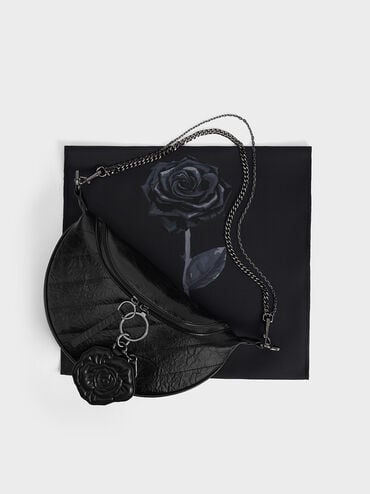 Philomena Rose-Motif Half-Moon Crossbody Bag, Noir, hi-res