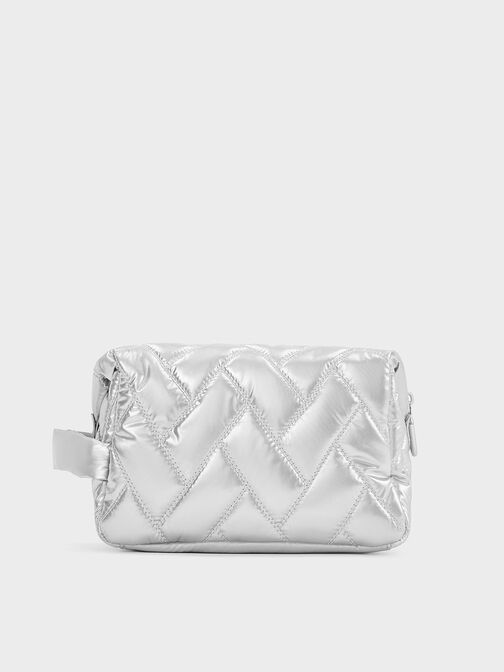 Nylon Chevron Pouch, Silver, hi-res