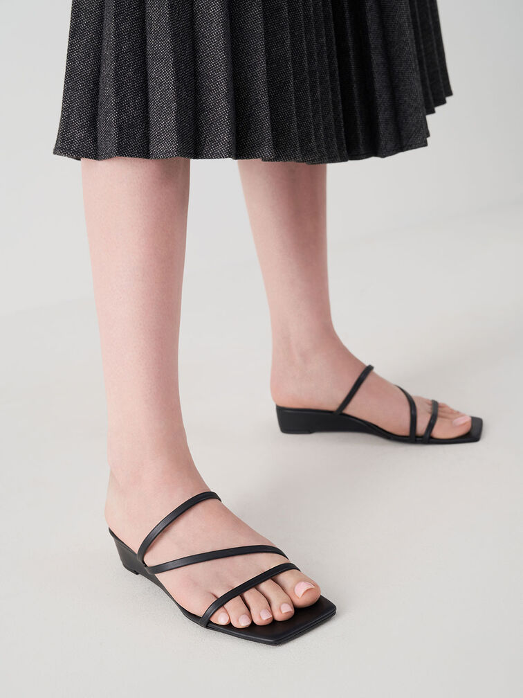 Strappy Wedge Mules, Black, hi-res