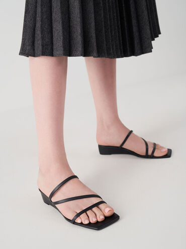 Strappy Wedge Mules, Black, hi-res