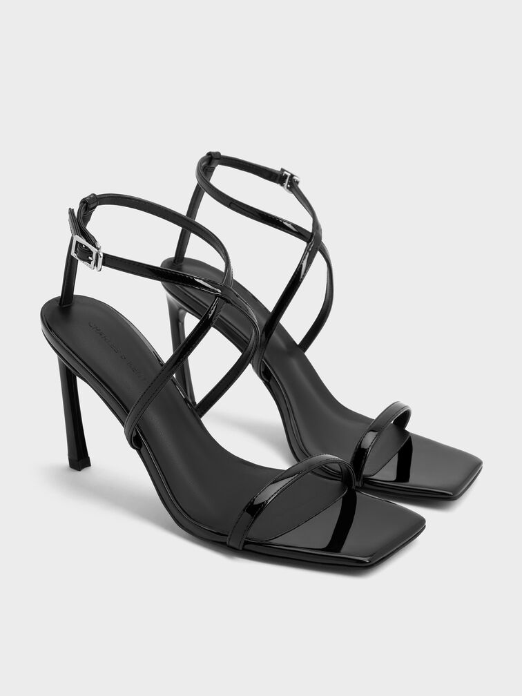 Patent Strappy Ankle-Strap Heeled Sandals, Black Patent, hi-res