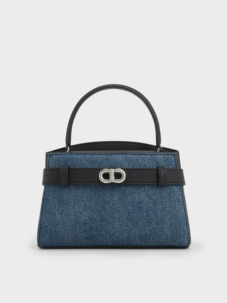 Aubrielle Denim Metallic-Buckle Top Handle Bag, Denim Blue, hi-res