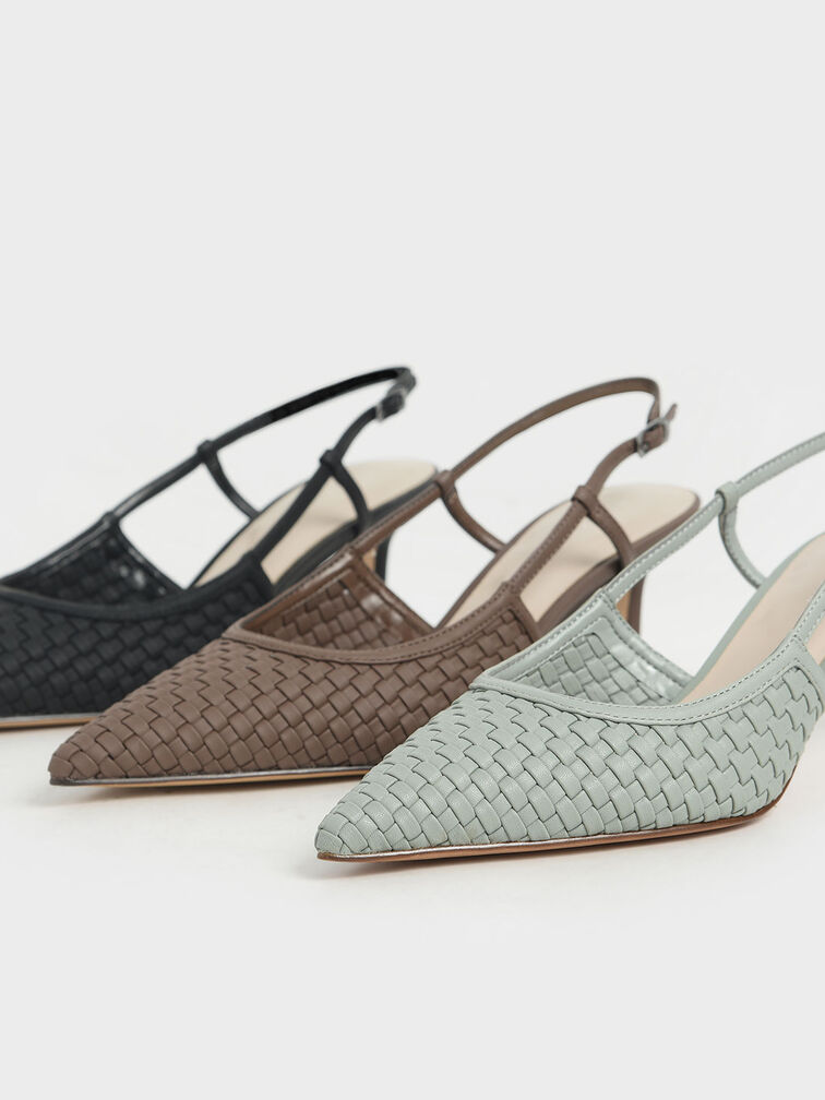 Woven Slingback Pumps, Black, hi-res