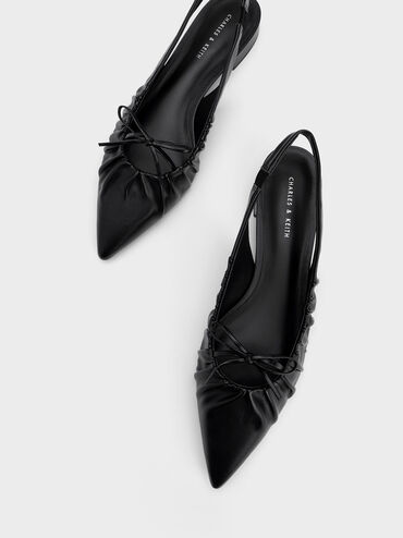 Bow Ruched Slingback Flats, Black, hi-res