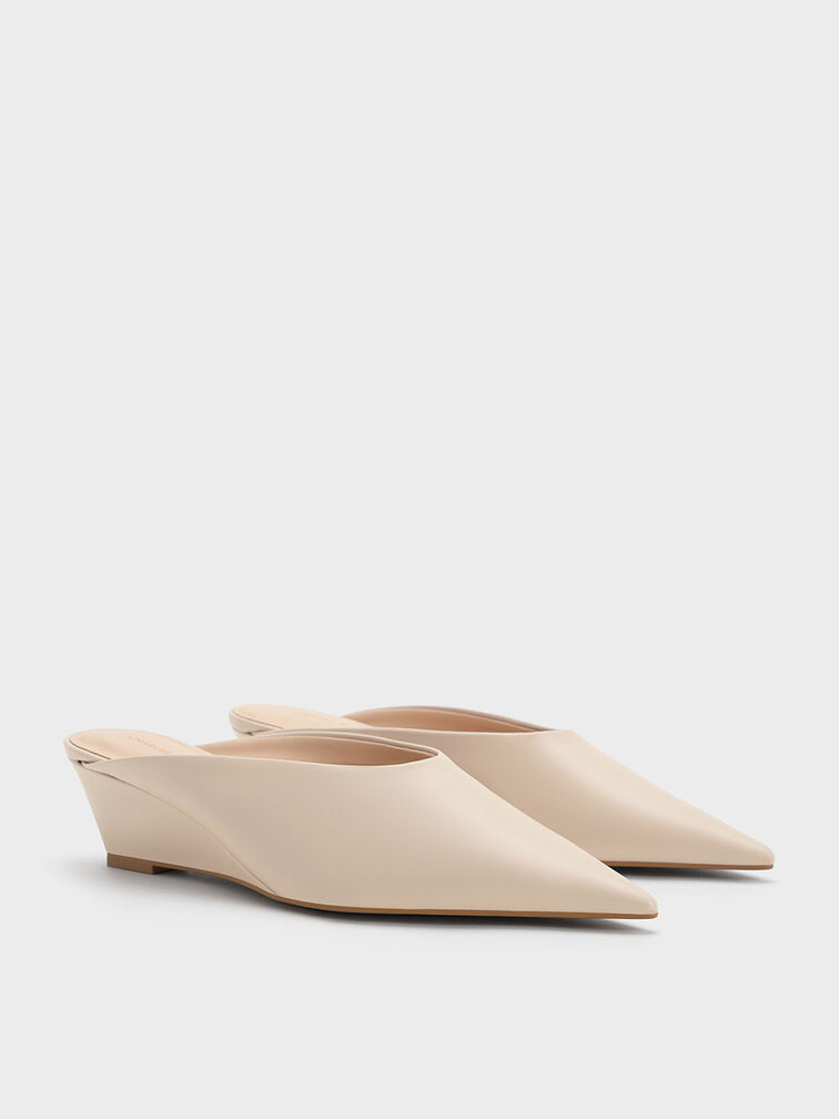 Pointed-Toe Wedge Mules, Cream, hi-res