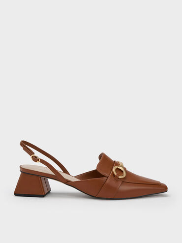 Metallic Bar Slingback Pumps, Cognac, hi-res