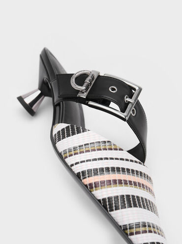 Asymmetric Buckle Striped Heeled Mules, Multi, hi-res
