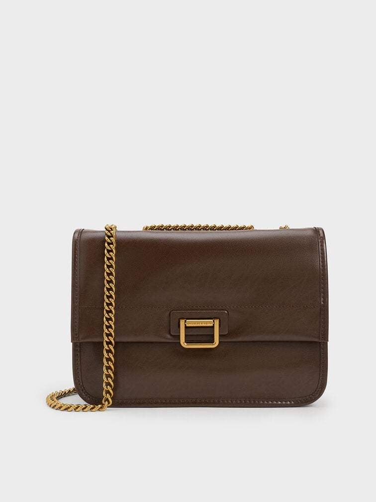 Neva Chain-Strap Shoulder Bag, Dark Brown, hi-res
