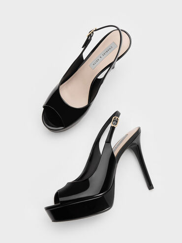 Patent Platform Slingback Sandals, Black Patent, hi-res