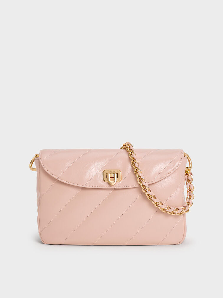 Fawn Panelled Front Flap Chain-Handle Bag, Light Pink, hi-res