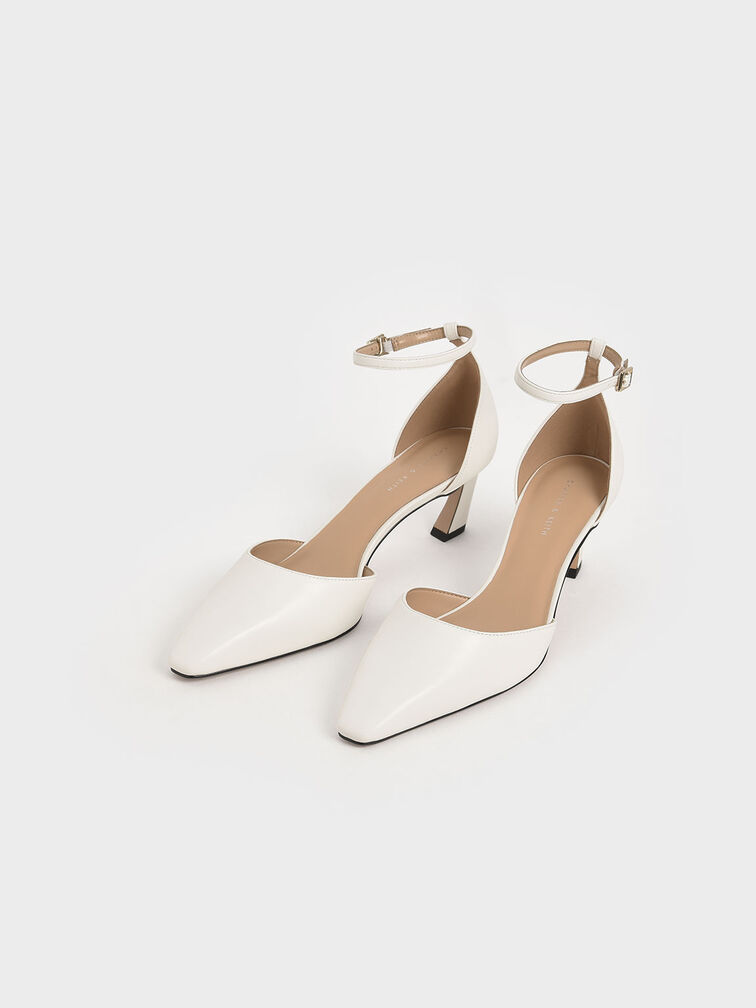 Slant Heel Ankle Strap Pumps, White, hi-res