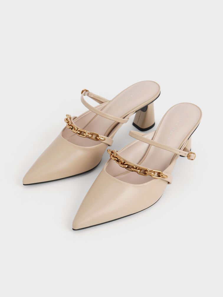 Chain-Link Trapeze Heel Mules, Beige, hi-res