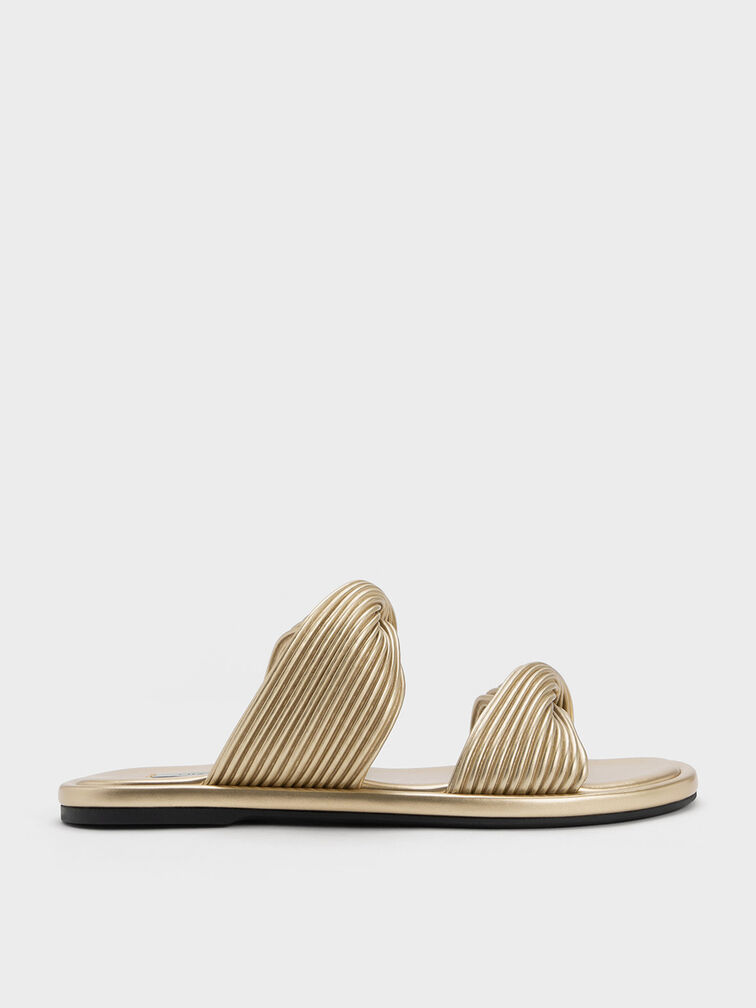 Pleated Twist Strap Slides, Gold, hi-res
