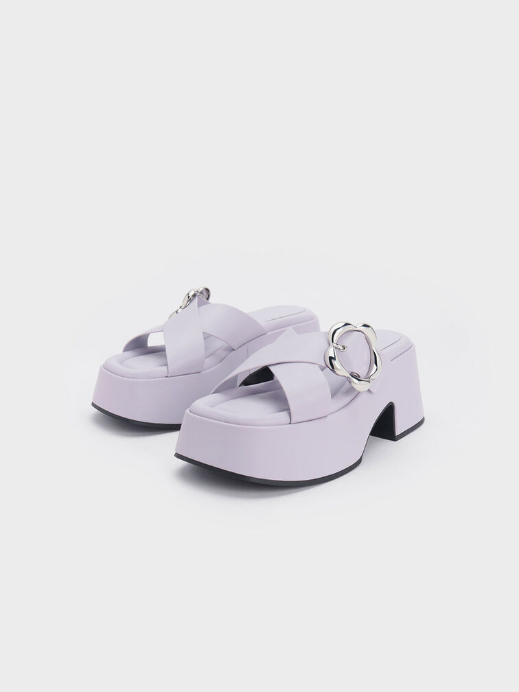 Flower-Buckle Crossover Platform Mules, Lilac, hi-res