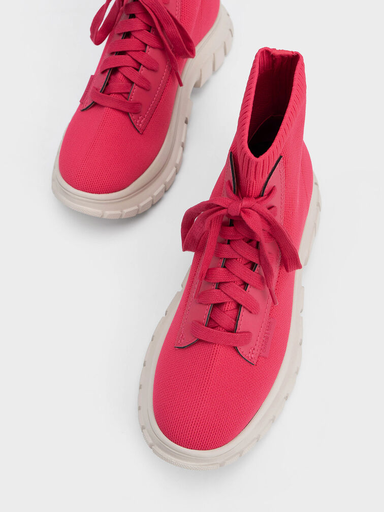 Knitted Sock High-Top Sneakers, Fuchsia, hi-res