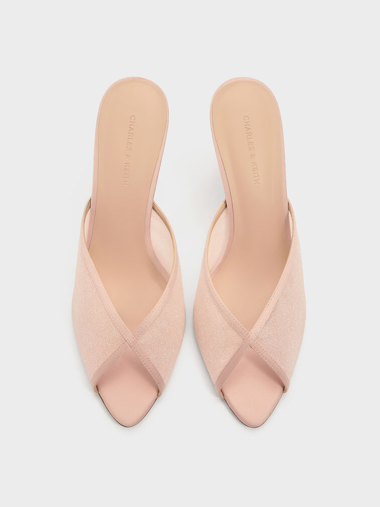 Glittered Mesh Peep-Toe Heeled Mules, Pink, hi-res