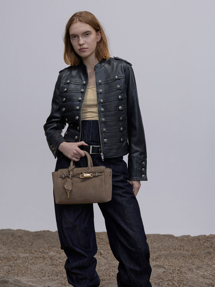 Mini Delfina Belted Tote Bag, Stone Grey, hi-res
