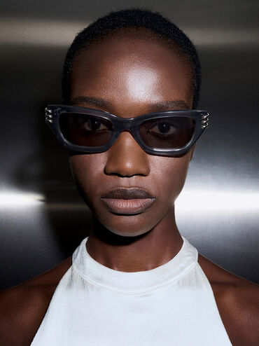 Recycled Acetate Metallic-Accent Angular Cat-Eye Sunglasses, Navy, hi-res