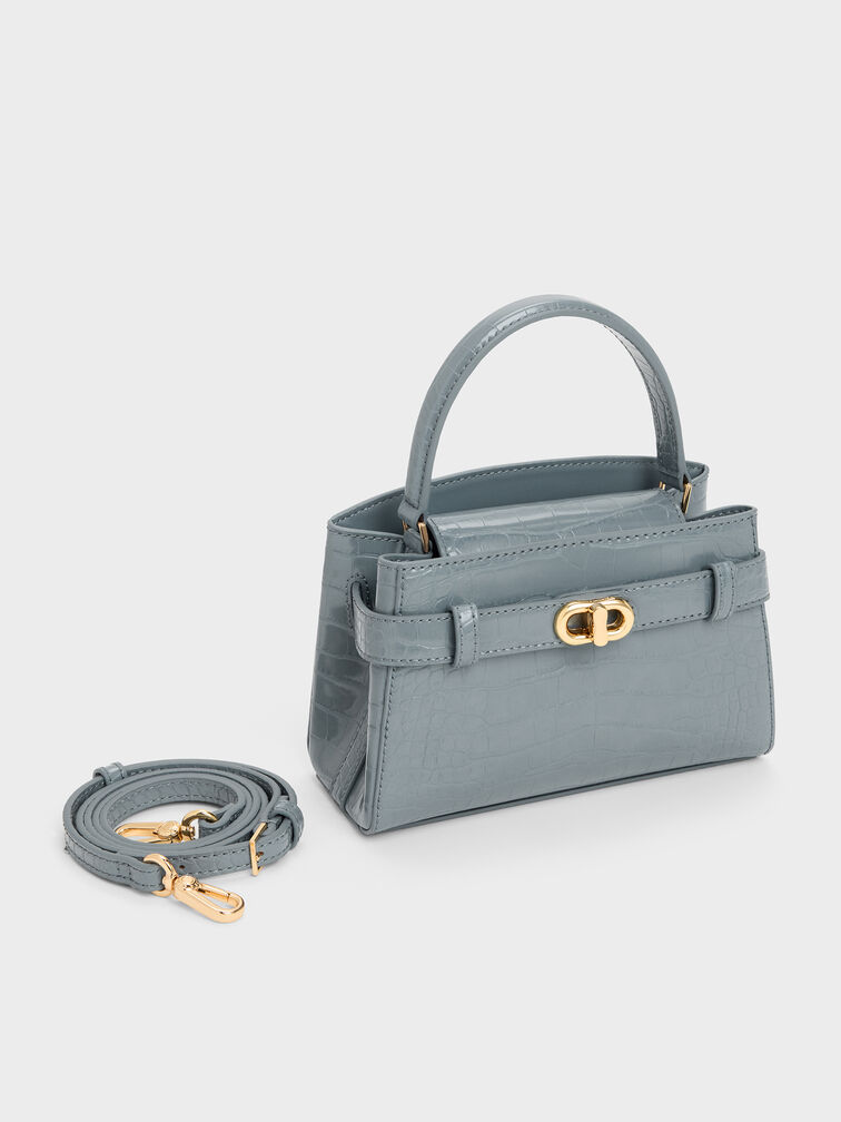 Aubrielle Croc-Effect Belted Top Handle Bag, Smoky Blue, hi-res