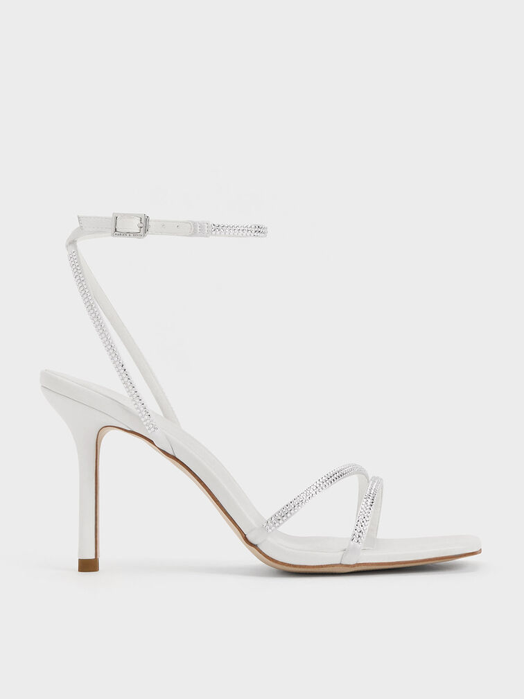 Satin Crystal Stiletto Sandals, White, hi-res