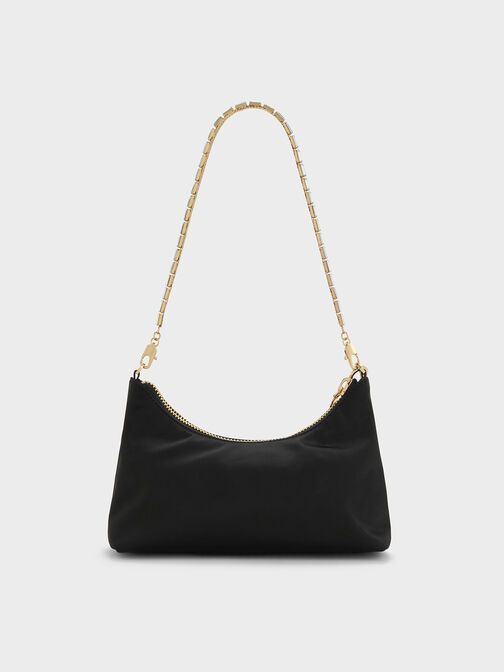 Satin Crystal-Embellished Chain-Handle Two-Way Bag, Black, hi-res