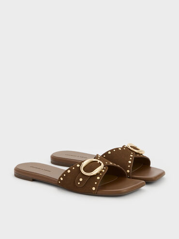 Studded Buckled Slide Sandals, Brown, hi-res