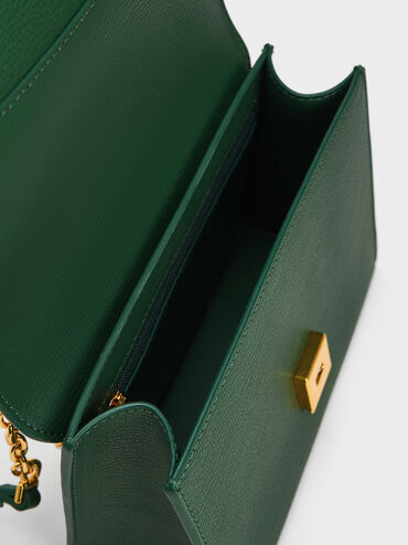 Front Flap Chain Handle Crossbody Bag, Dark Green, hi-res