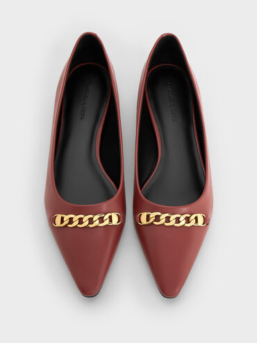 Chain-Link Pointed-Toe Ballet Flats, Red, hi-res