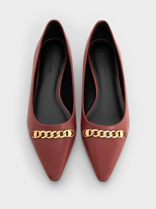 Chain-Link Pointed-Toe Ballet Flats, Red, hi-res